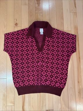 Joie Retro Geometric Jacquard Knit Short Sleeve V-Neck Polo Sweater, Size Small